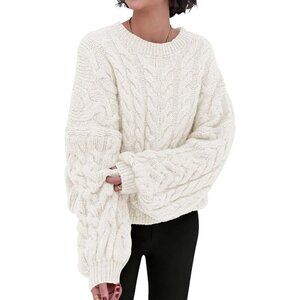 Womens Beige White Spring Fall Cable Knit Long Sleeve Crewneck Oversized Sweater